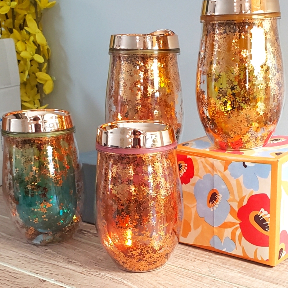 #529 8oz Acrylic Stemless Wine Glasses Party Glitter Set of 4 New In Open Box